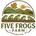Logo of Five Frogs Farm with frogs, a barn, and landscape on a white background