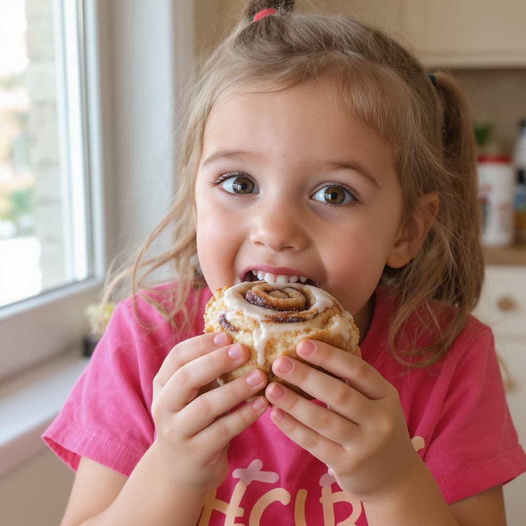 Child eating a cinnamon roll in a kitchen setting