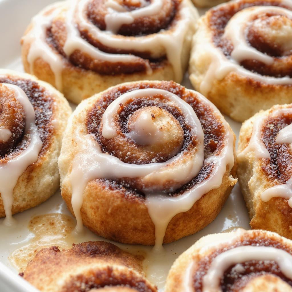 Cinnamon rolls with white icing on a baking sheet