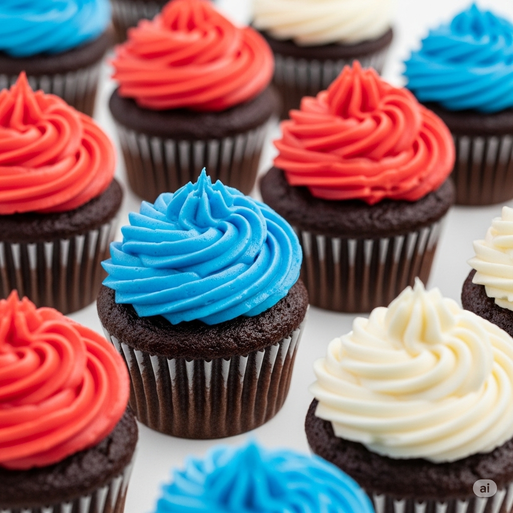 Assorted cupcakes with red, blue, and white frosting on a white background
