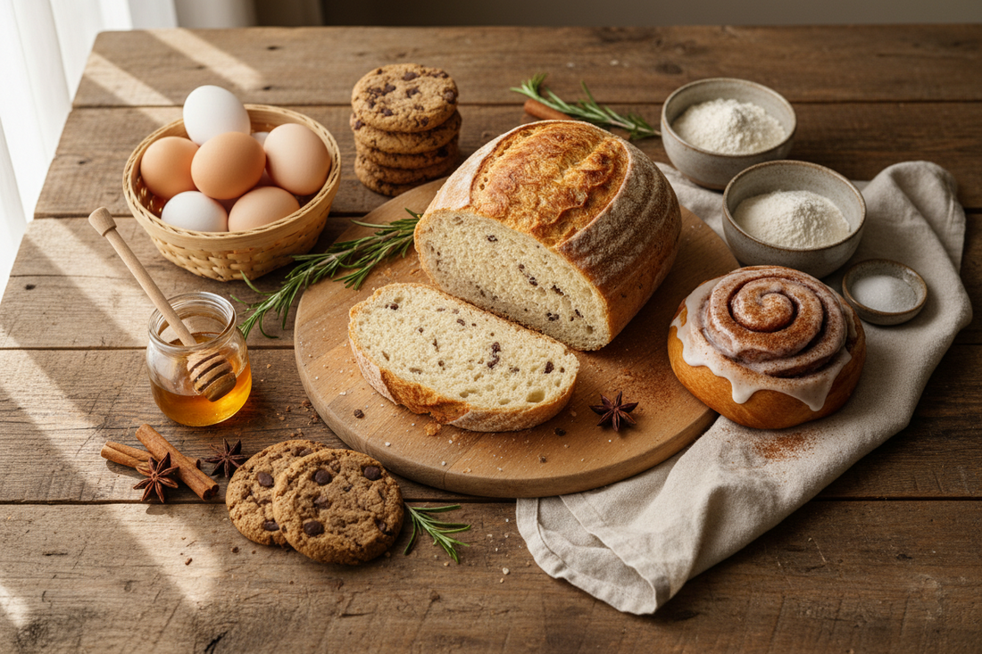 Gluten-free baking essentials laid out on a kitchen counter, including flour, a kitchen scale, and silicone baking mats