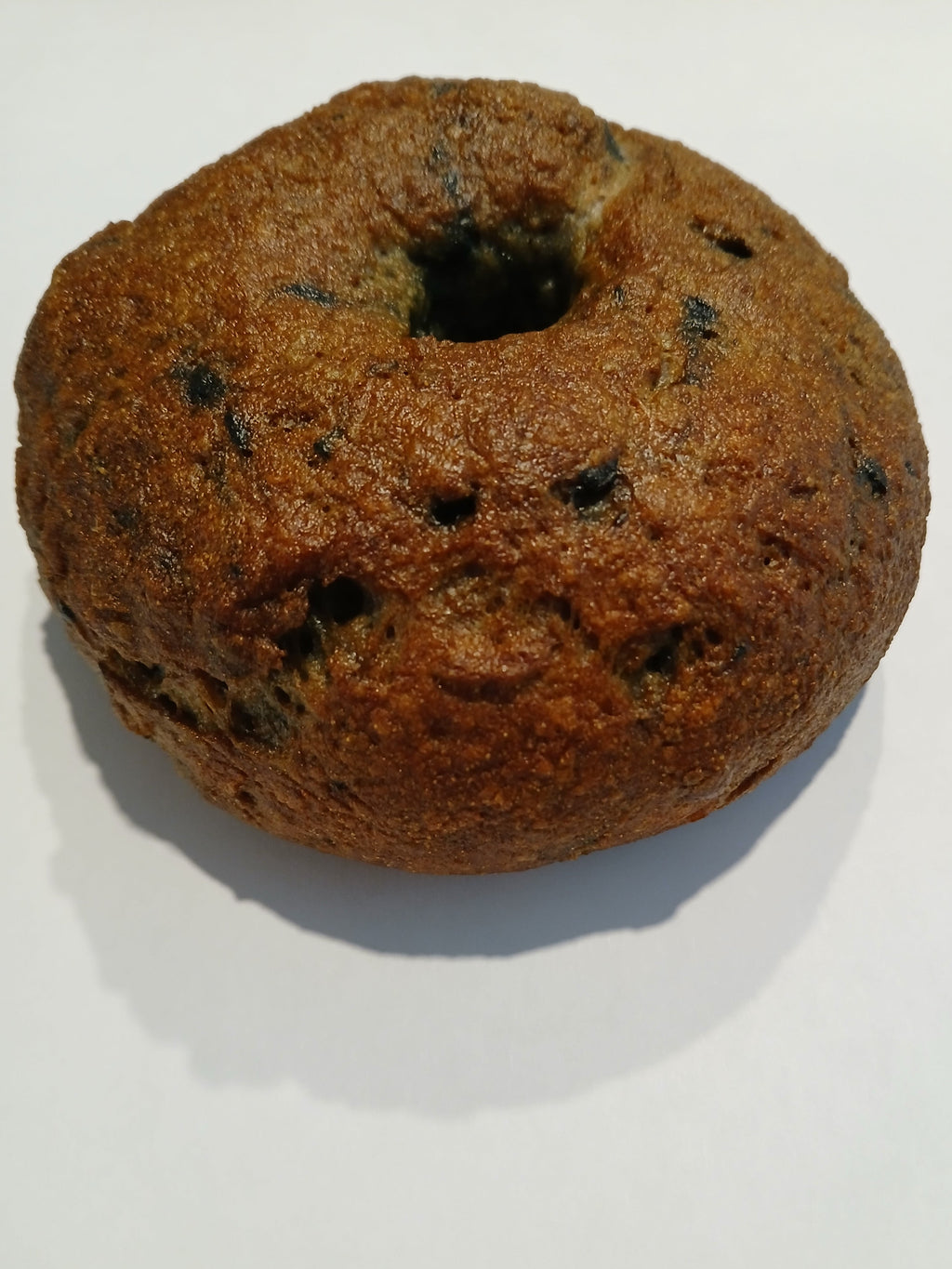 Brown bagel with visible blueberries on a white background