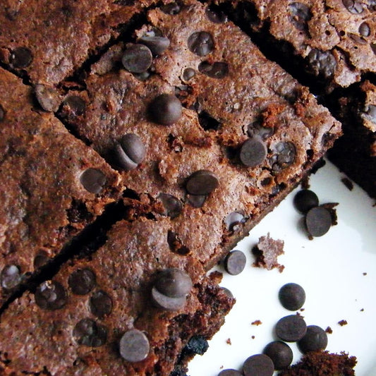 Close-up of chocolate brownies with chocolate chips on a white plate