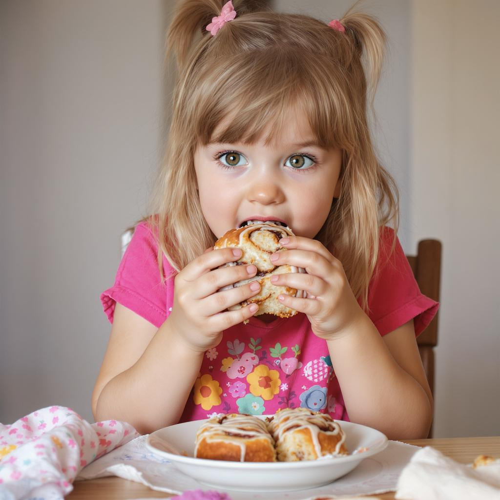 Young girl eating a gluten-free cinnamon roll at a table with more rolls on a plate.