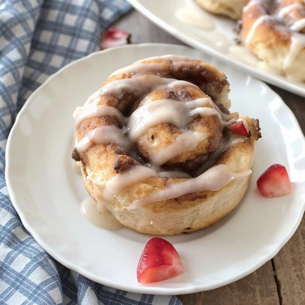 Gluten-free Cinnamon buns with icing on a white plate with strawberries, on a wooden surface.