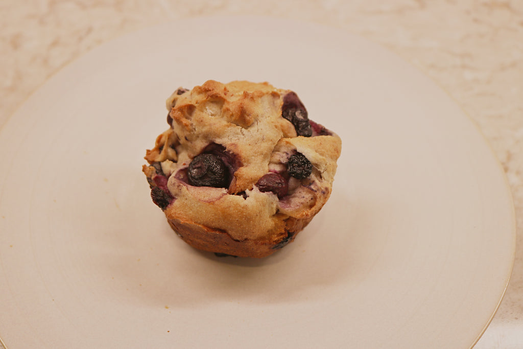 Blueberry muffin on a white plate
