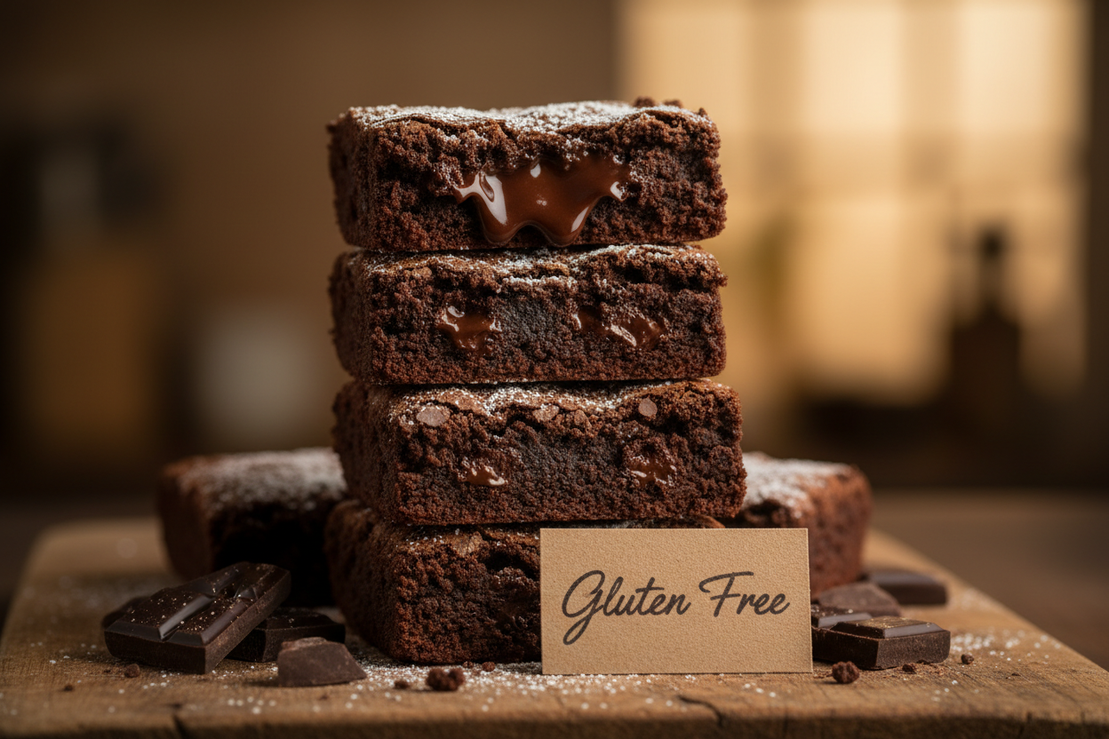 A stack of four gluten-free chocolate brownies with melted chocolate centers, arranged on a wooden board with scattered chocolate pieces and a small card reading 'Gluten Free' in front. The background is softly blurred with warm, golden lighting.