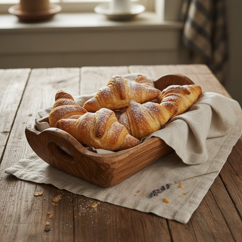 Golden-brown gluten-free croissants arranged in a wooden serving tray lined with a beige cloth, set on a rustic wooden table in a softly lit kitchen setting.