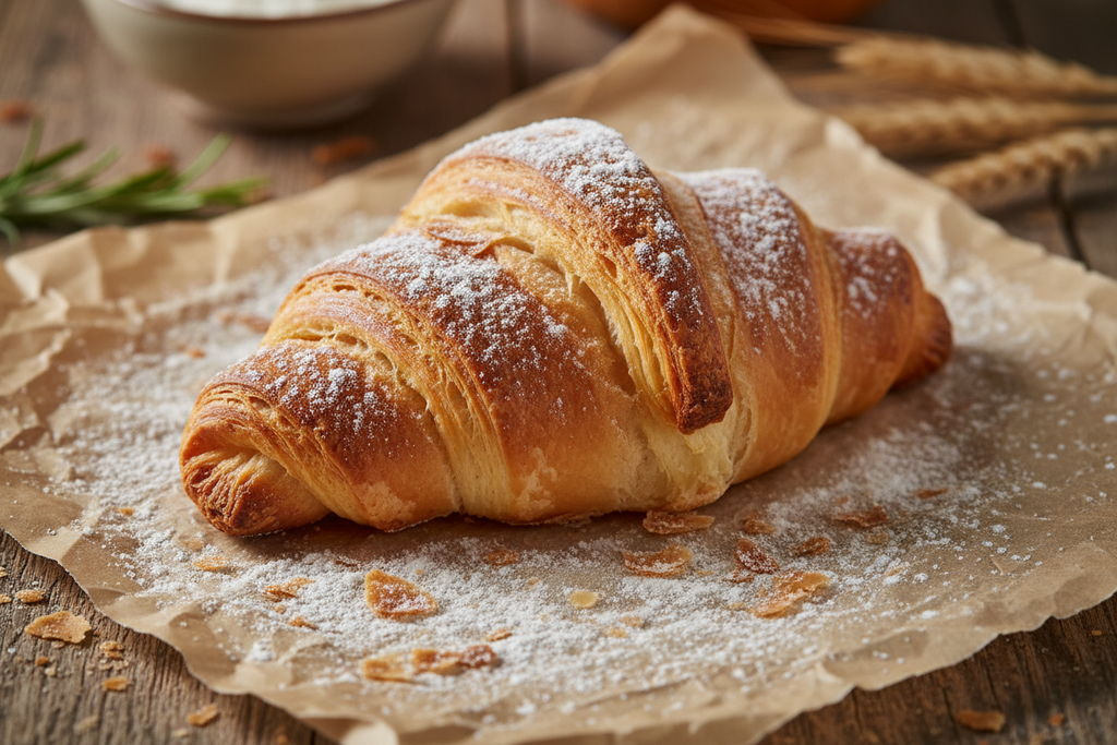 A golden-brown Gluten-Free flaky croissant dusted with powdered sugar, presented on parchment paper on a rustic wooden table with wheat stalks and a bowl in the background.