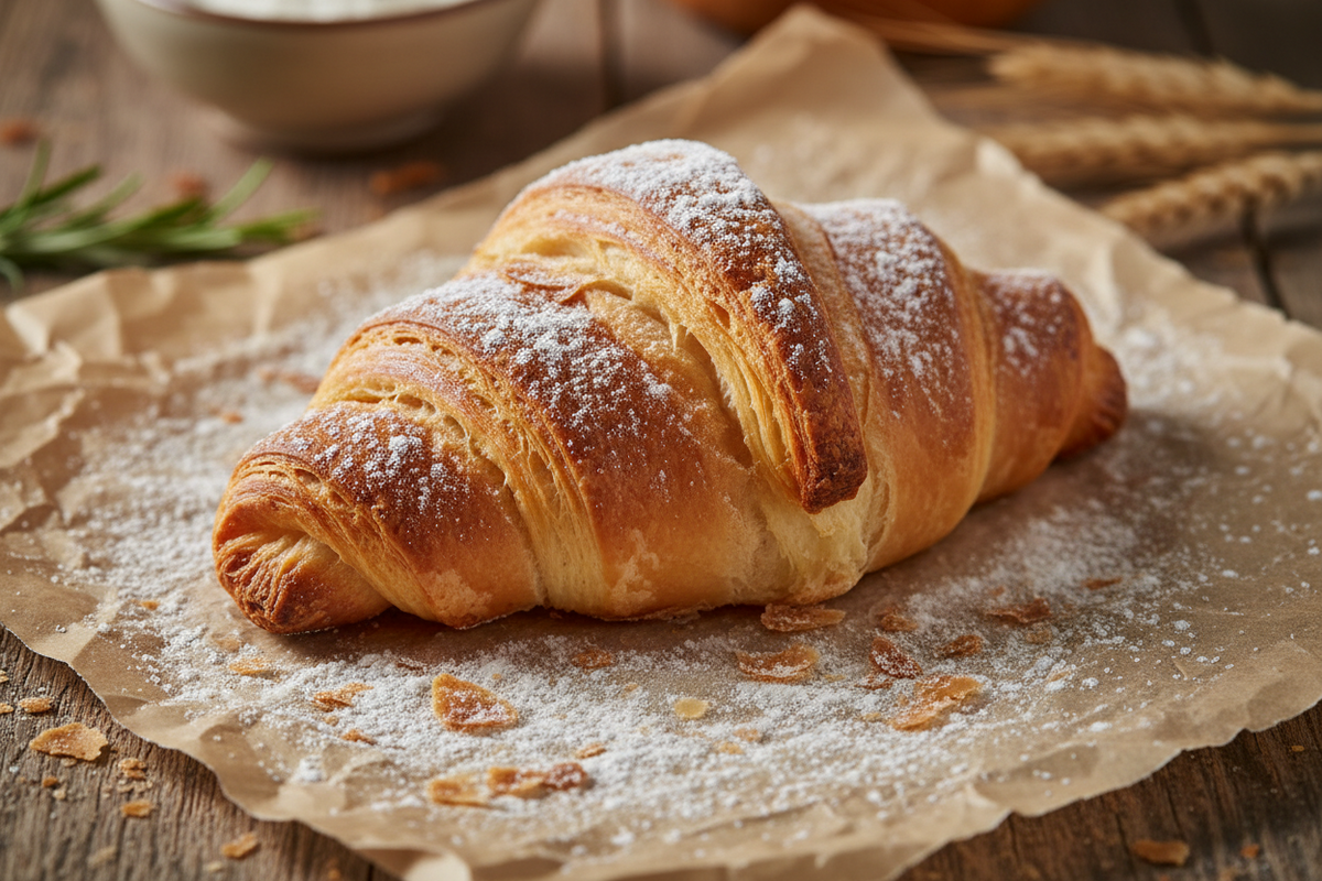 A golden-brown Gluten-Free flaky croissant dusted with powdered sugar, presented on parchment paper on a rustic wooden table with wheat stalks and a bowl in the background.